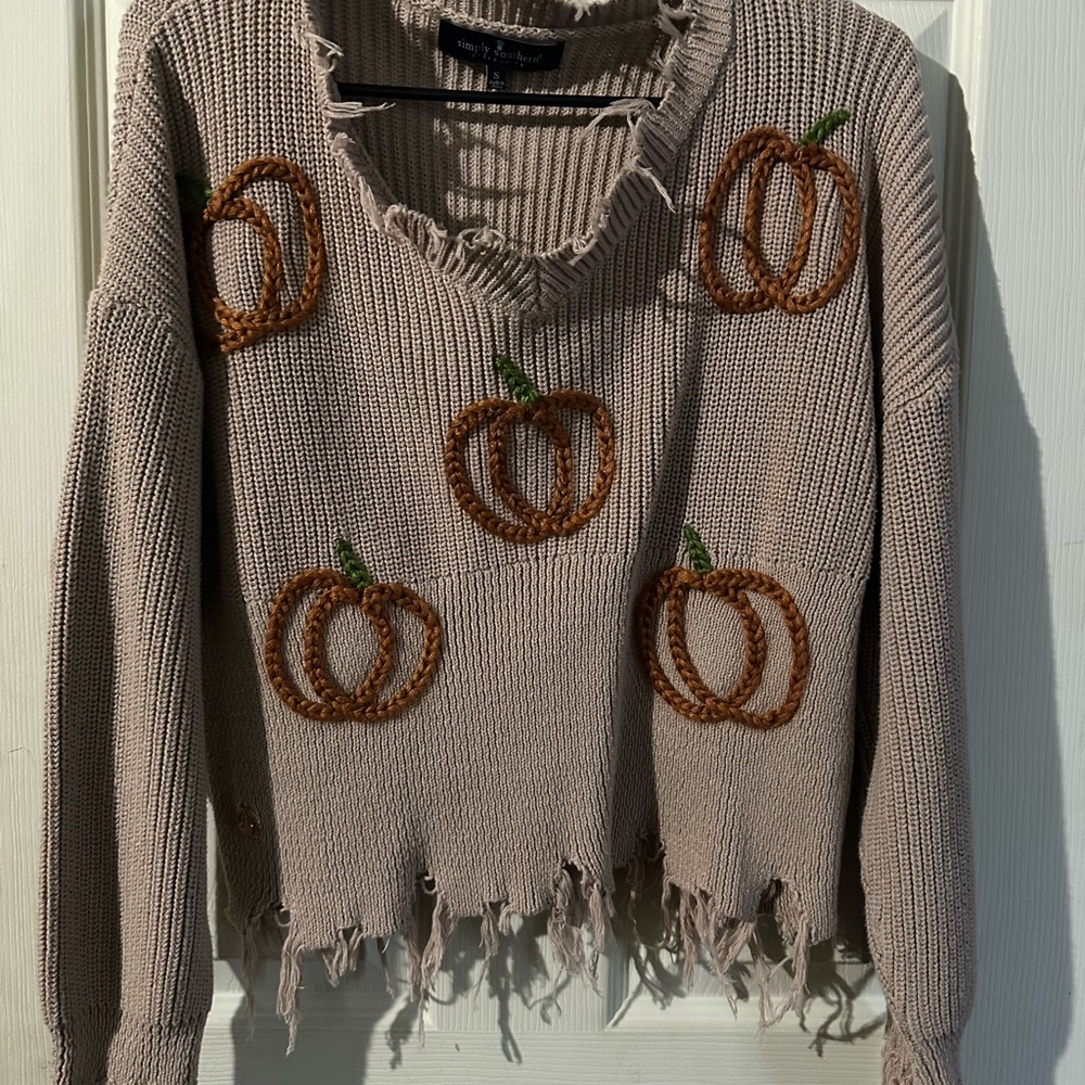 Simply Southern Beige Pumpkin V-Neck Sweater